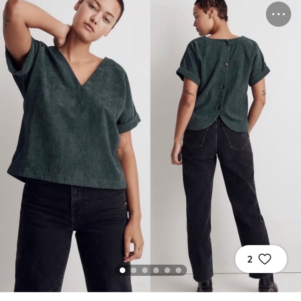 Madewell Corduroy Renata V-Neck Top Forest/Green Back-Button Closure
